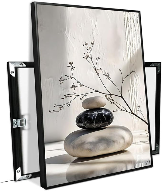 Gray and black stone pile and dried flowers poster canvas wall art in harmony Minimalist wall art for tranquil homes and mindful spaces 24x36in Metal blackFramed