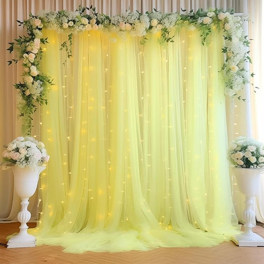 30ft x 10ft Yellow Backdrop Curtain with Lights String for Parties, Sheer Tulle Wedding Photo Backdrops Drapes for Baby Shower Birthday Party Decorations Background for Photography