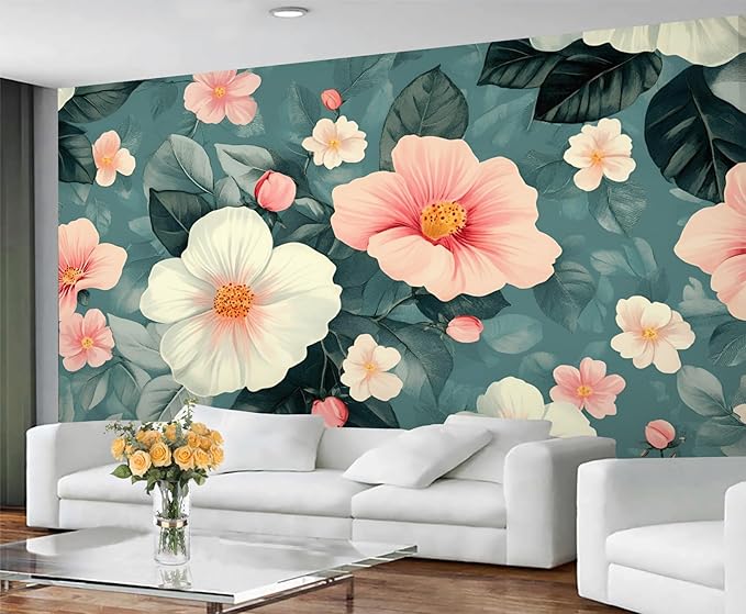 Vintage Hibiscus Flower Wall Mural, Romantic Floral 3D Wall Murals, Botanical Bloom Design Wallpaper Mural, for Living Room Bedroom Large Wallpaper Indoor Decor 118" W x 82.6 "H