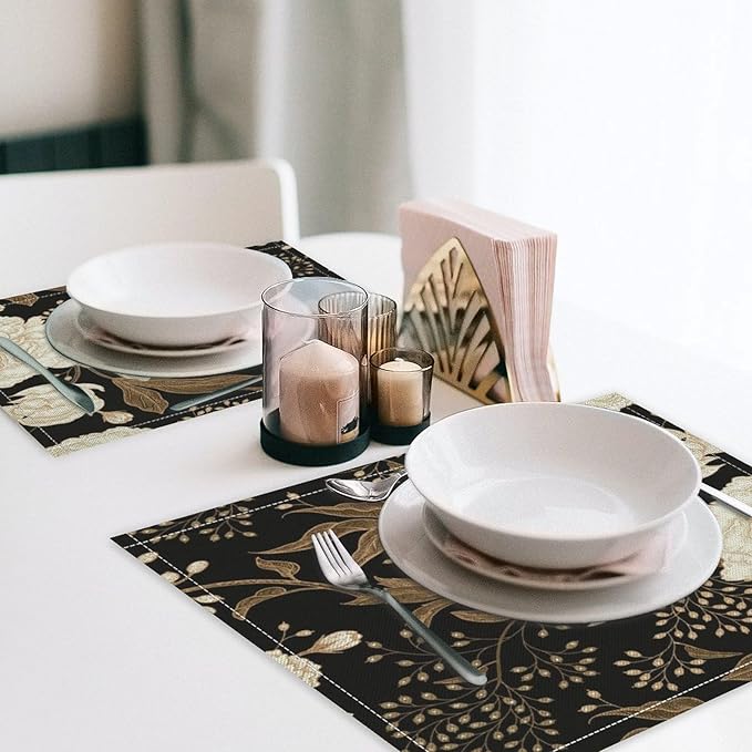 Black Gold Floral Placemats Set of 4, 17x12 Inch Abstract Vintage Rustic Flower Botanical Aesthetic Art Print Table Mats for Home Party Kitchen Dining Decor