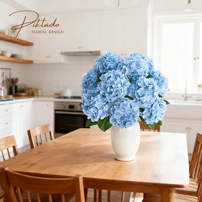 A Bunch 21in， Real Touch Hydrangea Artificial Flowers， with 10pcs Flower Head 20pcs Leaves， Faux Hydrangea Flowers for Home Office Decor Wedding Party Arrangements (2, Blue)