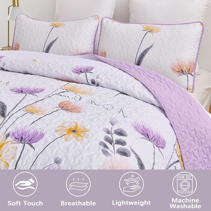 Dinjoy Floral Quilt Set Queen Size,Purple Bedspread Coverlet Botanical 3 Pieces Cute Fall Quilts Microfiber Lightweight Farmhouse Bedspreads Comforter Soft Bed Cover Sets for All Season(96"x90")