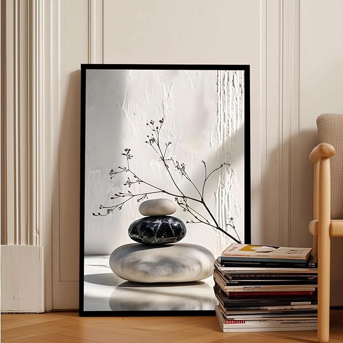 Gray and black stone pile and dried flowers poster canvas wall art in harmony Minimalist wall art for tranquil homes and mindful spaces 16x24in Metal blackFramed