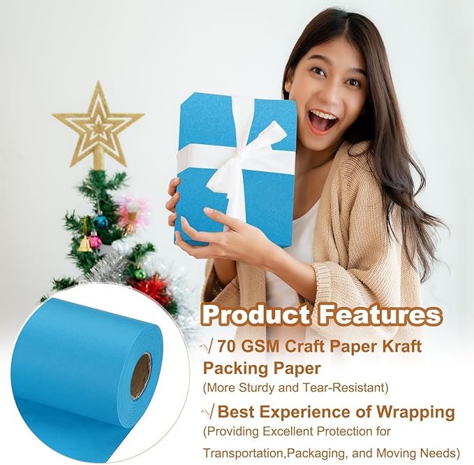 PATIKIL Wrapping Paper, 20" x 700"(59') 70 GSM Craft Paper Roll Kraft Packing Paper for Poster Bulletin Board, Gift Wrapping, Light Blue