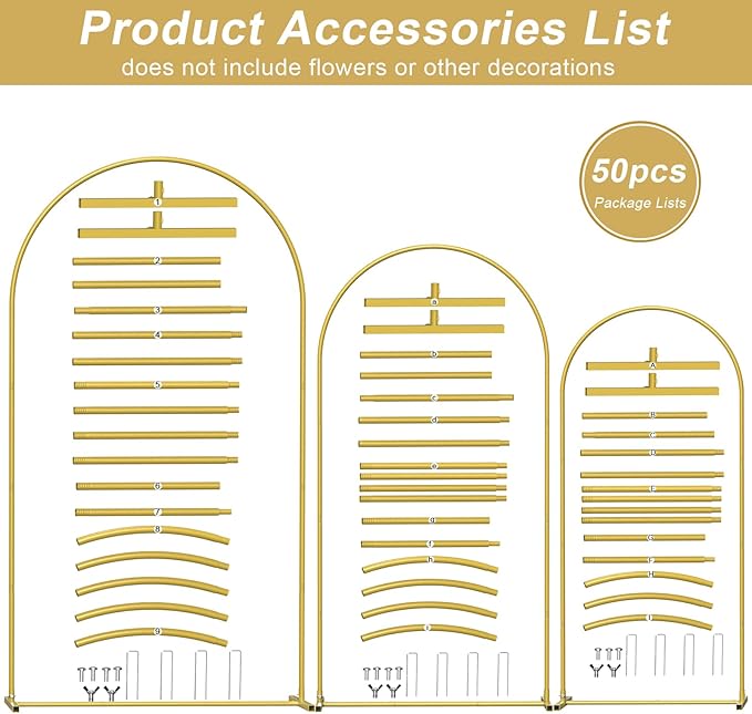 Wedding Arch Backdrop Stand Set of 3(7.3FT/6.6FT/6FT),Metal Balloon Arch for Wedding Ceremony Baby Shower, Outdoor Indoor Birthday Party,Garden Floral Arch Backdrop Stand Decoration, Gold
