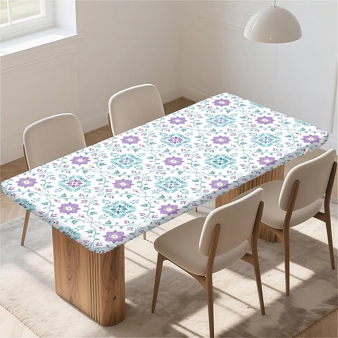 Rectangle Table Cloth Cover Waterproof Elastic Fitted Polyester Fitted Tablecloths for 6 Foot Tables for Indoor,Picnic, Camping, Outdoor （60" x 30"，Geometric Flowers）