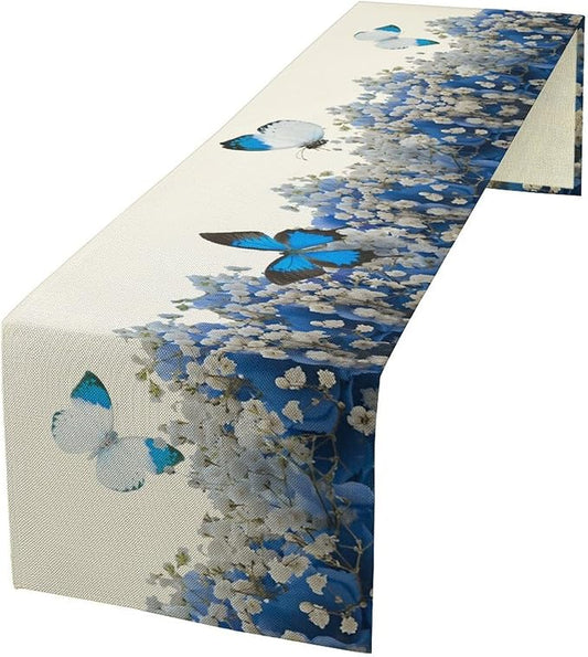 Butterfly Floral Table Runner, Blue White Hydrangea Flowers Bloom Spring Garden Theme Table Runner for Kitchen Dining Holiday Party Wedding, 13x108 Inch