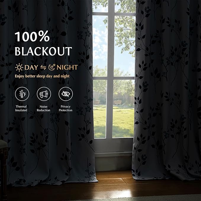 Beauoop Floral 100% Blackout Curtains 84 Inch Length 1 Panel for Patio Sliding Door Extra Wide Navy Blue Flower Patterned Divider Room Darkening Thermal Soundproof Grommet Window Drapes, 100x84, 1 set