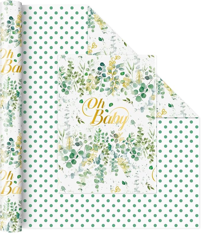 WERNNSAI Sage Green Wrapping Paper Roll - 1 Roll 17”x 33 ft Baby Shower Wrapping Paper Green Flower Floral Gift Packing Supply Wedding Bridal Shower Wrap Decor for Baby Girls Birthday Festival Party