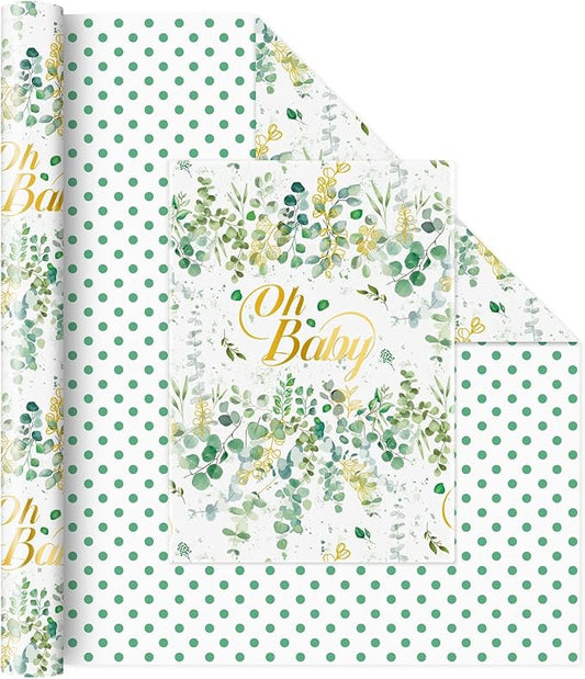 WERNNSAI Sage Green Wrapping Paper Roll - 1 Roll 17”x 33 ft Baby Shower Wrapping Paper Green Flower Floral Gift Packing Supply Wedding Bridal Shower Wrap Decor for Baby Girls Birthday Festival Party