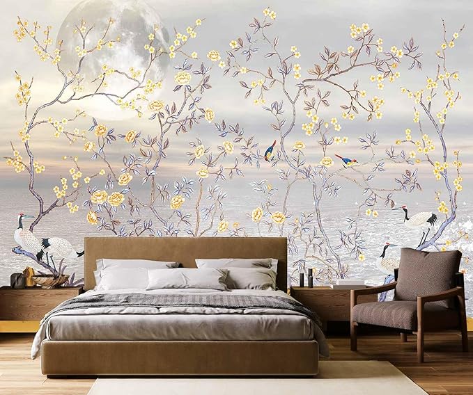 Flowers and Birds Wallpaper Riverside Landscape Wall Mural with Crane and Moon for Bedroom Living Room(Not Self-Adhesive)