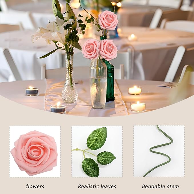 50PCS Pink Artificial Flowers Roses Real Looking Foam Fake Roses with Leaves and for DIY Wedding Bouquets Bridal Shower Centerpieces Party Decorations (Pink, 50)