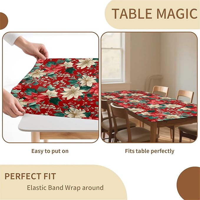 Rectangle Table Cloth Cover Waterproof Elastic Fitted Polyester Fitted Tablecloths for 4 Foot Tables for Indoor,Picnic, Camping, Outdoor （48" x 30"，Christmas Flowers）