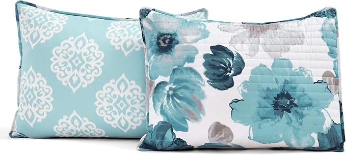Lush Decor Leah Reversible Floral Quilt Set, 3 Piece Set, Full/ Queen, Blue - Watercolor Botanical - Cottage Core - French Country Decor- Bedding Queen Size