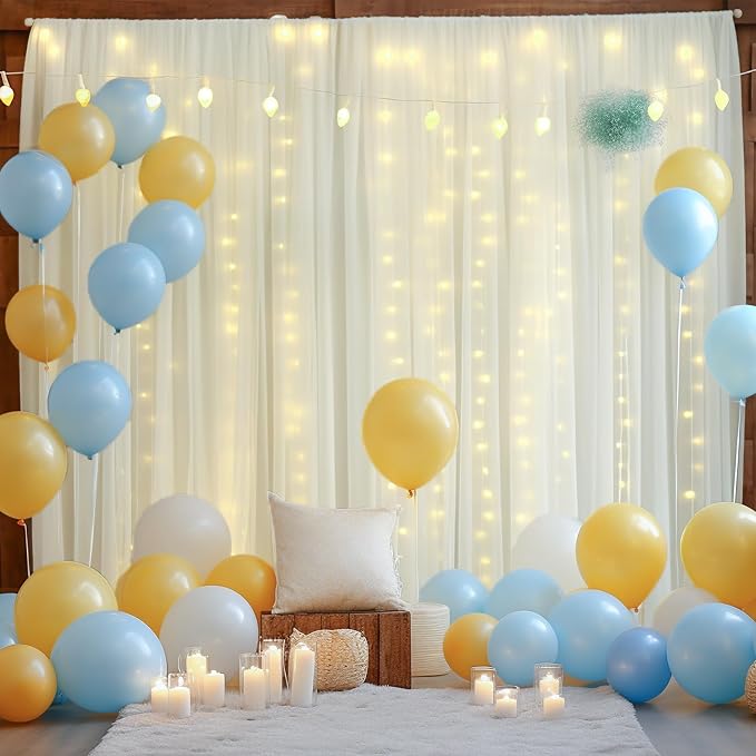 20x8ft Ivory Tulle Backdrop Curtain with Lights String for Parites, Sheer Backdrop Curtains for Wedding Baby Shower Birthday Party Photo Shoot Decorations