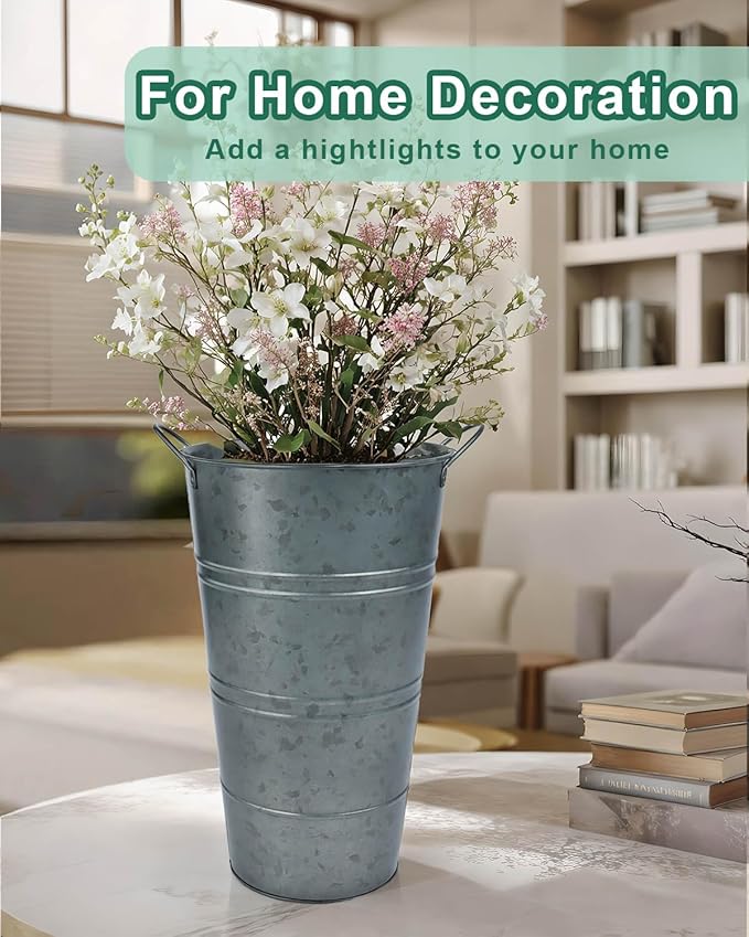 12 Inch Galvanized Metal Vases for Flowers - 2 Pcs Farmhouse Decorative Tall Flower Bucket with Handles, Rustic French Tin Planter Buckets for Wedding Decor (Galvanized Black)