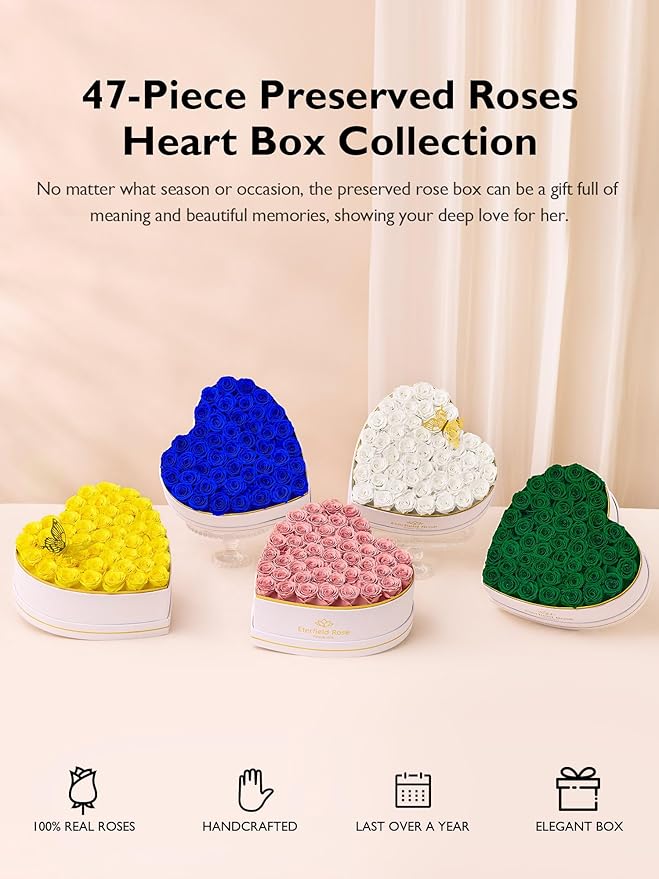 Eterfield 47 Forever Flowers in Heart Shape Box, Preserved Roses That Last a Year Preserved Flowers Birthday Gifts for Her Mom Women Wife Anniversary Valentines Day Mothers Day Christmas, Yellow