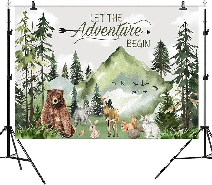 15x10ft Baby Shower Backdrop Mountain Forest Wild Animal Photography Background Cartoon Bear Woodland Green Trees White Cloud Birthday Party Banner Decorations Gender Reveal Photo Booth Prop
