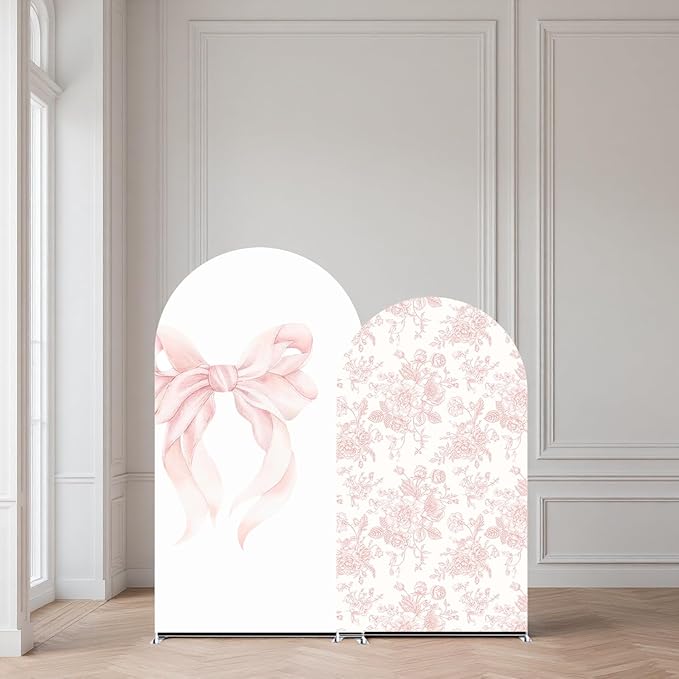 2Pcs Toile de Jouy Pink Bow and Floral Arch Backdrop Covers, Romantic French Style Spandex Arch Covers for Baby Shower, Girl Birthday, Wedding Party Decorations (6ft,5ft)