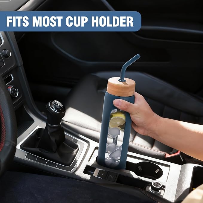 24 oz Glass Water Bottle, Glass Tumbler with Straw, Reusable Drinking Bottles with 2 Lids-Handle Lid&Bamboo Straw Lid, Silicone Sleeve, for Sports, Home,1 Pack-Blue