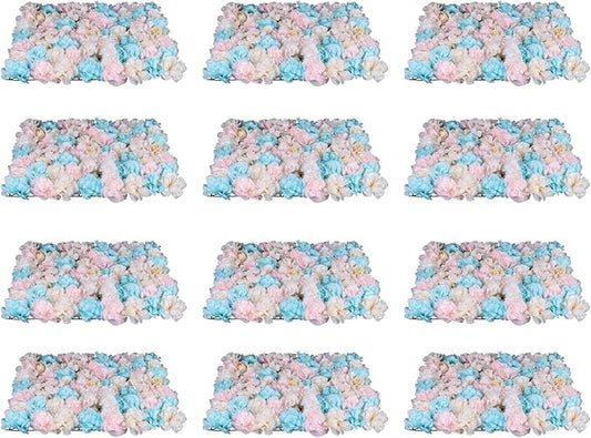 12Pcs 15.75" x 23.62x 0.79 Artificial Flower Wall Panels,Flower Wall Mat Silk Flower Panels for Outdoor Garden Backyard Fence Fence Privacy Screen and Indoor Wall Decor(12Pcs White+Pink+Light Blue)