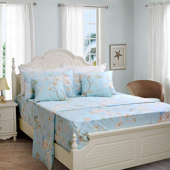 FADFAY Floral Bedding Shabby Blue Bird Print Bed Sheet Set Luxury Bedding Collections 800 Thread Count 100% Egyptian Cotton Deep Pocket, 4 Piece-King Size