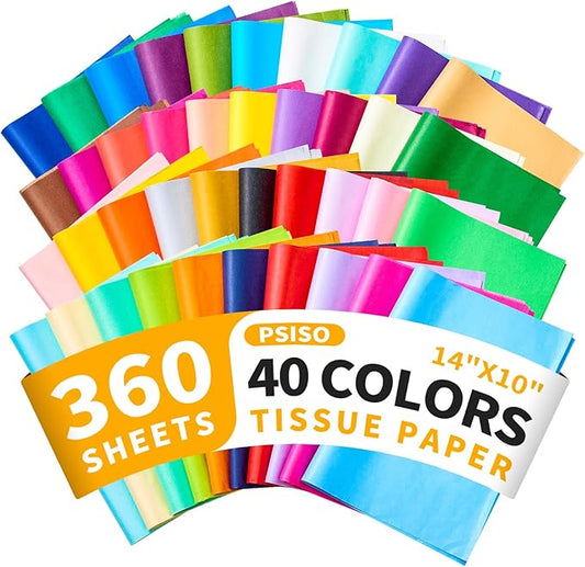 PSISO 360 Sheets Tissue Paper for Gift Bags, 40 Colors 14x10 Inch Bulk Gift Paper for Crafts Packaging Wrapping Supplies Birthday Party Wedding Flower Decorations DIY Art Projects