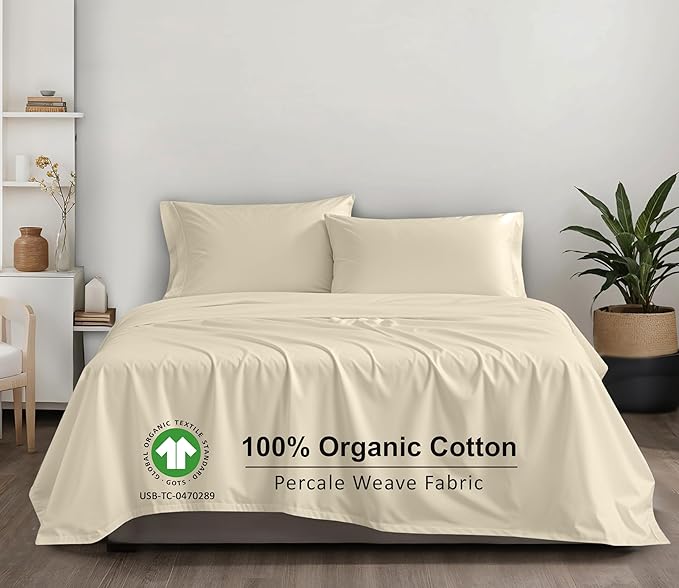 RUVANTI 100% Organic Cotton Sheets King Size, Percale Weave, GOTS Certified, 4-Piece Set, Deep Pocket 15", Crisp & Breathable, Soft Durable Bedding, Sábanas Algodón Orgánico – Cloud Cream