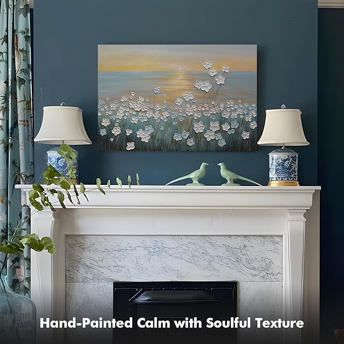 JUHOME Vintage Hand-Painted Thick Texture 3D White Flowers Abstract Oil Painting on Canvas Wall Art,Horizontal Sunset Beach Art Decor for Home Office Hall Wall Decorative,36x24