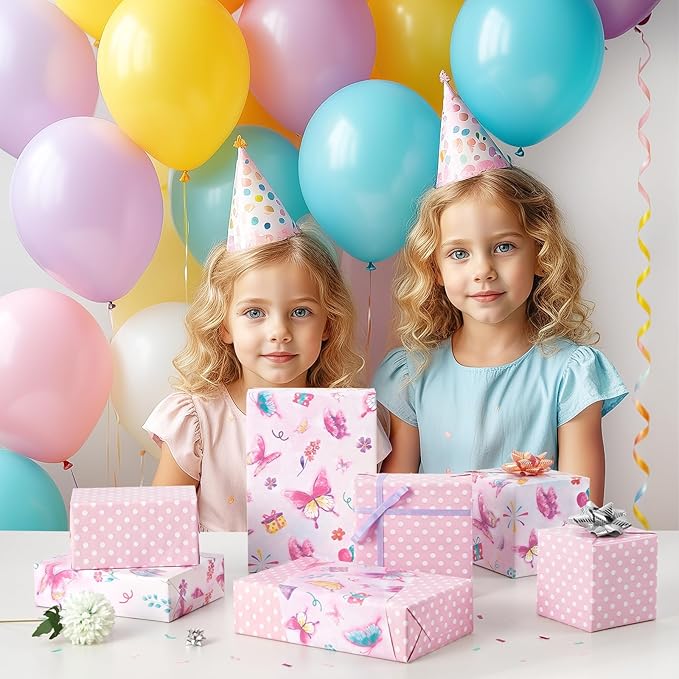 WERNNSAI Butterfly Wrapping Paper Roll - 1 Roll 17” x 33 ft Butterfly Fairy Wrapping Paper Pink Purple Flower Gift Packing for Kids Girls Birthday Baby Shower Bridal Shower Decor Reversible Polka Dot Design
