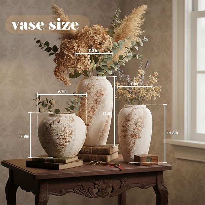 Vintage Ceramic Vase, Minimalist Texture Stone Patterned White Flower Vase, Decorative Vase for Living Room Shelf Farmhouse Dining Table Centerpiece Decor (Rustic 11.8'')