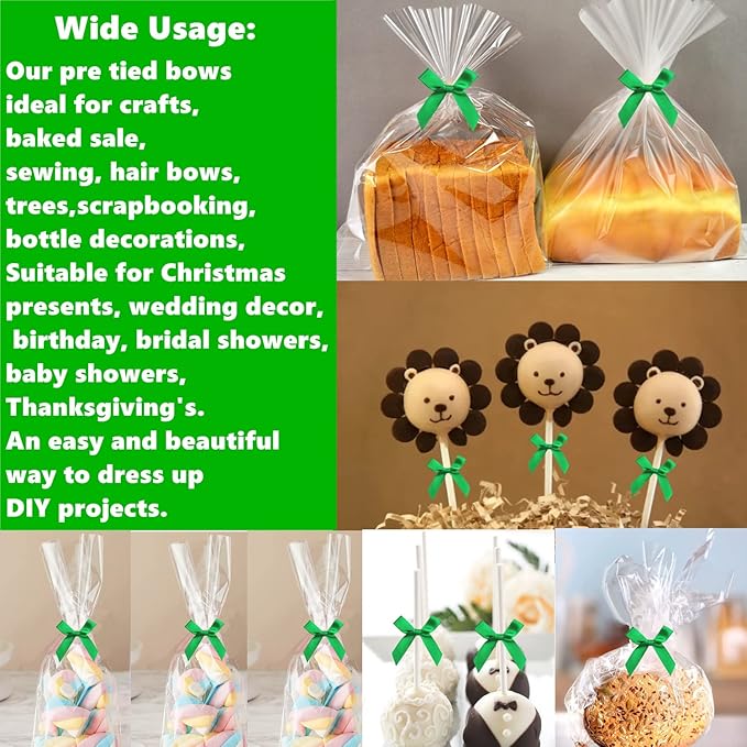100 Pieces 3 inch Satin Ribbon Twist Tie Bows, Pretied Bows with Twist Ties, Twist Bows Treats Bags, Bow Ties for Treats, Cake Pops, Baby Shower, Crafts, Gift Wrapping Favors, Cookies (Green)