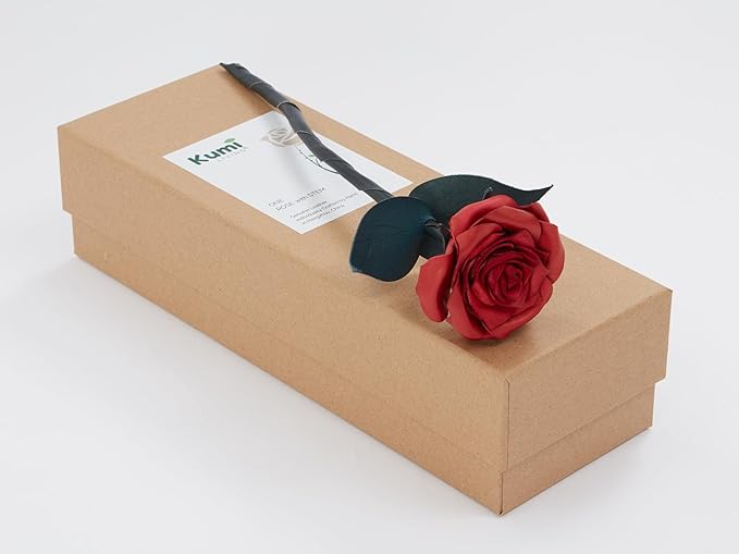 Handcrafted Genuine Leather Rose with Stem, Red, Gift Box Presentation, Lifelike Artisan Flower for 3rd Wedding Anniversary, Mother's Day (Red)