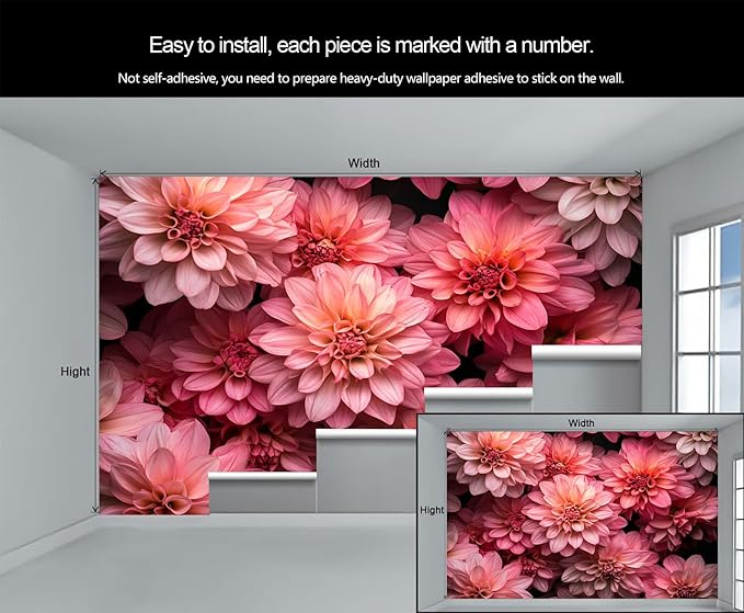Pink Dahlia Floral Wall Mural, Blush Pink Dahlia 3D Wall Murals, Romantic Floral Wallpaper Mural, for Living Room Bedroom Large Wallpaper Indoor Decor 118" W x 82.6 "H
