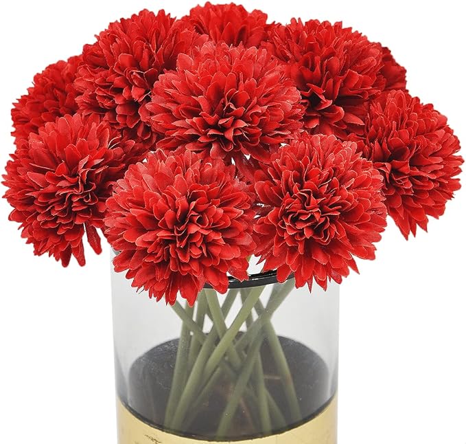 10Pcs Artificial Fake Flower Plants Silk Chrysanthemum Ball Hydrangea Arrangements Wedding Bouquets Decor Home Kitchen Garden Party Table Floral Centerpieces DIY (Red)