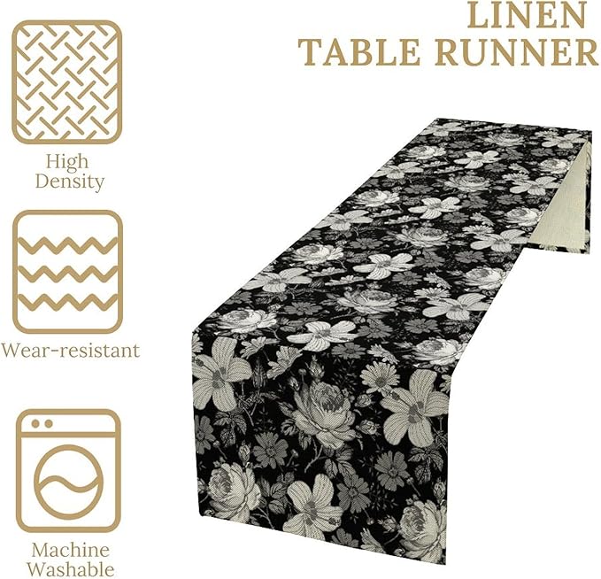 Black Floral Table Runner, Abstract Vintage Black White Floral Plants Leaves Boho Dark Gothic Garden Table Runner for Indoor Outdoor Party Wedding Decor, 13x60inch