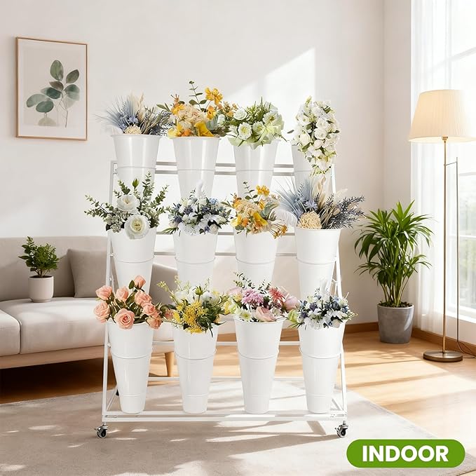 Flower Display Stand 3 Layers with 12 PCS Round Buckets, Plant Stand with Wheels, Movable Metal Plant Stand for Terrace Garden, Florist Shop, Wedding, Party, Easy to Install (White)