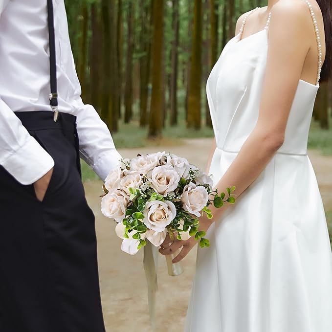 Wedding Bouquets Large for Bride, Wedding Silk Artificial Flowers 14pcs White Champagne Roses 10 in Fake Flowers for Wedding Party, Ceremony, Anniversary & Home Decor(Come with 4 kinds of Ribbons)