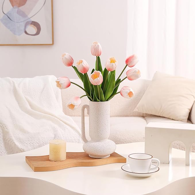 10PCS Artificial 18.5" Long Stem Blush Pink Tulips Bouquet PU Flowers, Fake 6 Color Tulip Faux Flowers with Bendable Stems for Floral Table Wedding Home Decor