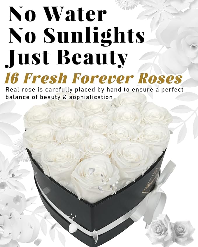 16 Flowers Forever Preserved Roses in Box, Preserved Flowers Womens Birthday Gifts for Women Mothers White Rose Gift for Her Romantic Eternal Rose for Women Mom Friends