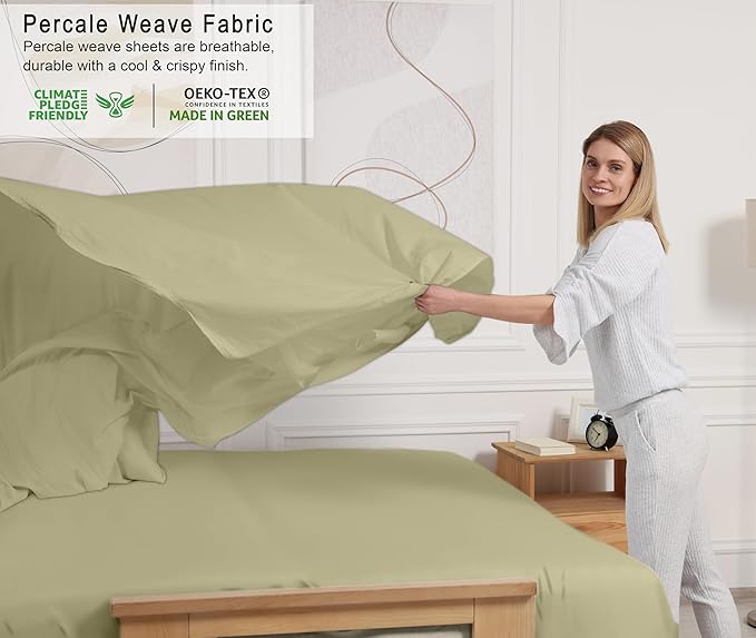 RUVANTI 100% Cotton Sheets Queen Size Set, 4 Pieces, Soft & Breathable Percale Weave Bedding, Deep Pocket 16", Hotel Standard, Crisp Cool Feeling, Durable, Perfect Dyed Bed Sheet, Sage Green