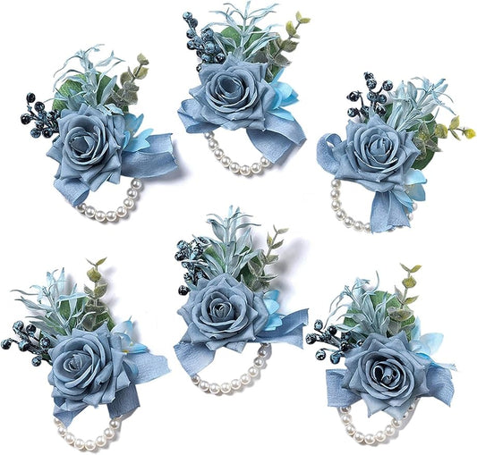 Meldel Dusty Blue Rose Wrist Corsage for Women, Set of 6, Wedding Bridal Corsage Hand Flower Decor for Prom Corsages Party Homecoming, Wristband Flowers for Bride Bridesmaid Girl Mother Wristlet Décor