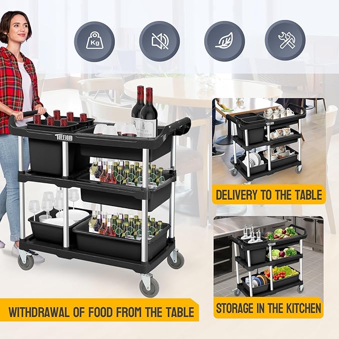 TUFFIOM 3-Tier Plastic Service Storage Utility Cart with Wheels, Heavy Duty Multi-Function Mobile Shelving Unit Organizer, Ideal for Restaurant, Foodservice, Office, Warehouse, Black