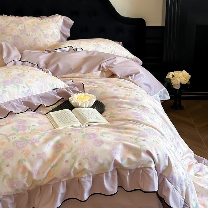 HighBuy Ruffle Floral Duvet Cover Twin Size,Chic Cottagecore Brushed Cotton Comforter Cover Set 3 Piece Coquette Farmhouse Bedding for Teen College,Breathable Durable