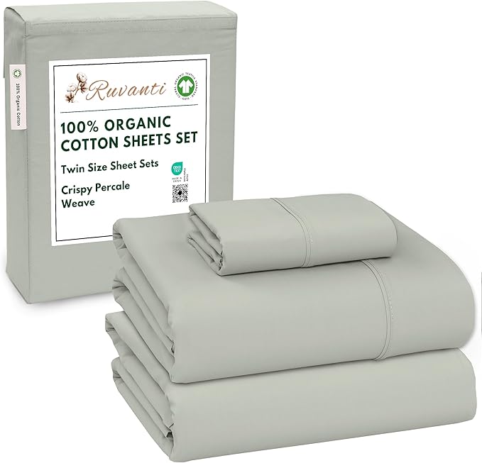 RUVANTI 100% Organic Cotton Sheets Twin Size, Percale Weave, GOTS Certified, 3-Piece Set, Deep Pocket 15", Crisp & Breathable, Soft Durable Bedding, Sábanas Algodón Orgánico – Mineral Gray