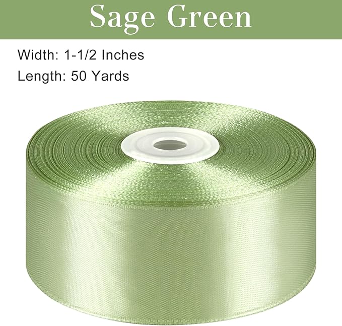 1-1/2 Inches 50 Yards Sage Green Satin Ribbon, Solid Fabric Ribbon Roll for Flower Bouquets, Gift Wrapping, Wedding, Handmade Crafts