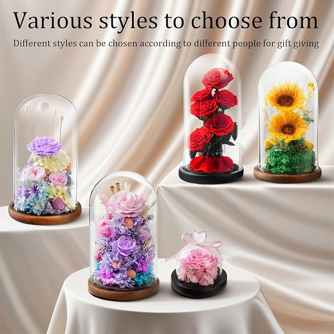 Flowers for Delivery - Forever Flowers Rose in Glass Dome with LED Lights, Large Size Preserved Roses Gifts for Women, Mom, Wife, Friend -Birthday, Anniversary, Valentine's Day Gift (Pink)