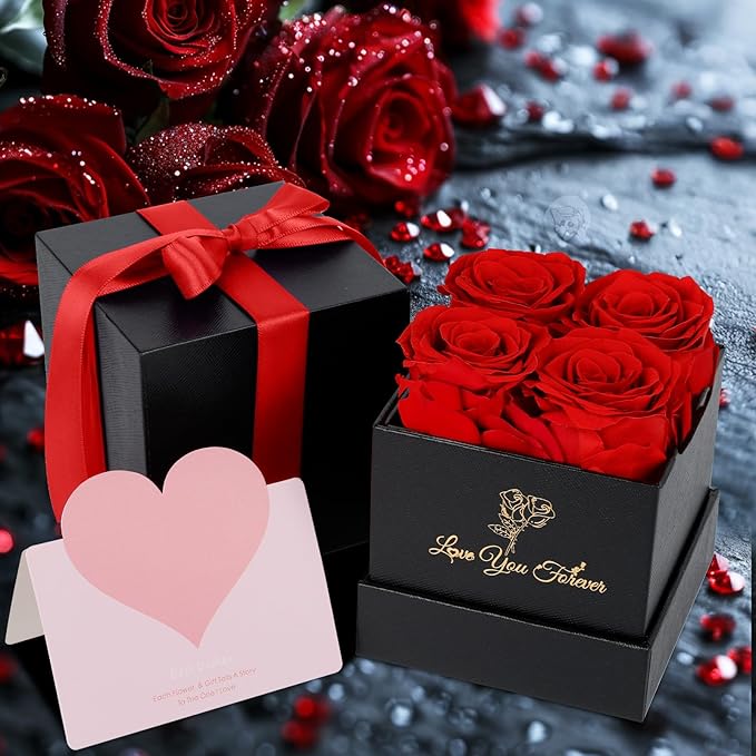 4 Preserved Flower, Fresh Flower Forever Roses in Square Shape Box, Immortal Roses Gift for Her Eternal Roses, 100% Real Roses, Birthday Gifts for Women, Wife, Her, Mom, Valentine's Day Gift - Red
