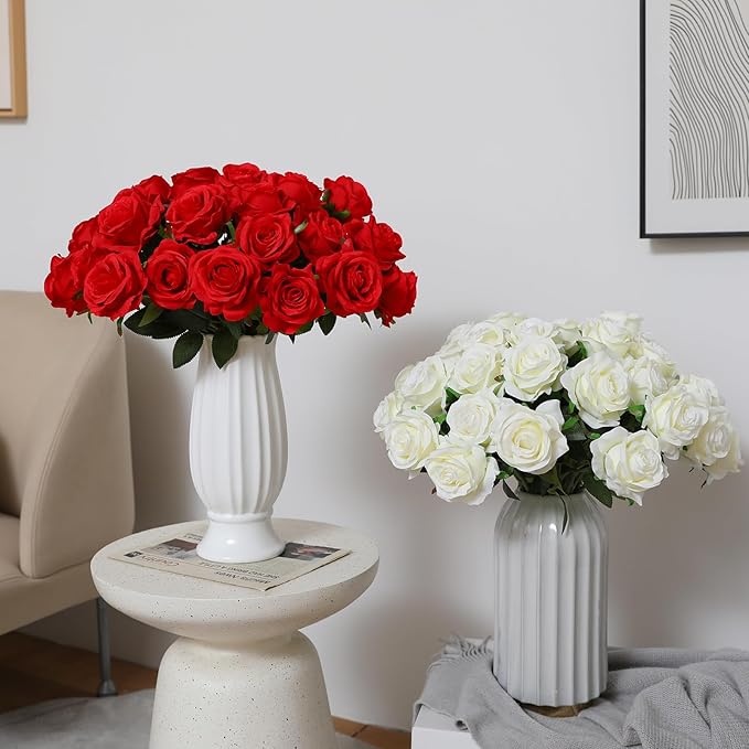 Tifuly Roses Artificial Flowers - 12 pcs Realistic Long Stem Fake Roses Mashup Style Silk Roses for DIY Bouquets Wedding Centerpieces Arrangements Home Party Decor（White & Red）