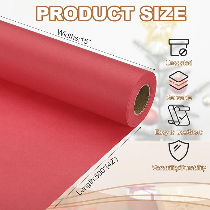 PATIKIL Wrapping Paper, 15" x 500"(42') 70 GSM Craft Paper Roll Kraft Packing Paper for Poster Bulletin Board, Gift Wrapping, Red
